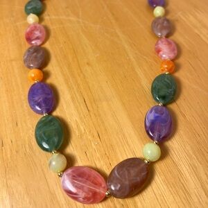 Vintage Lucite 23 Inch Multicolor Marbled Faux Agate And Gold Bead Necklace
